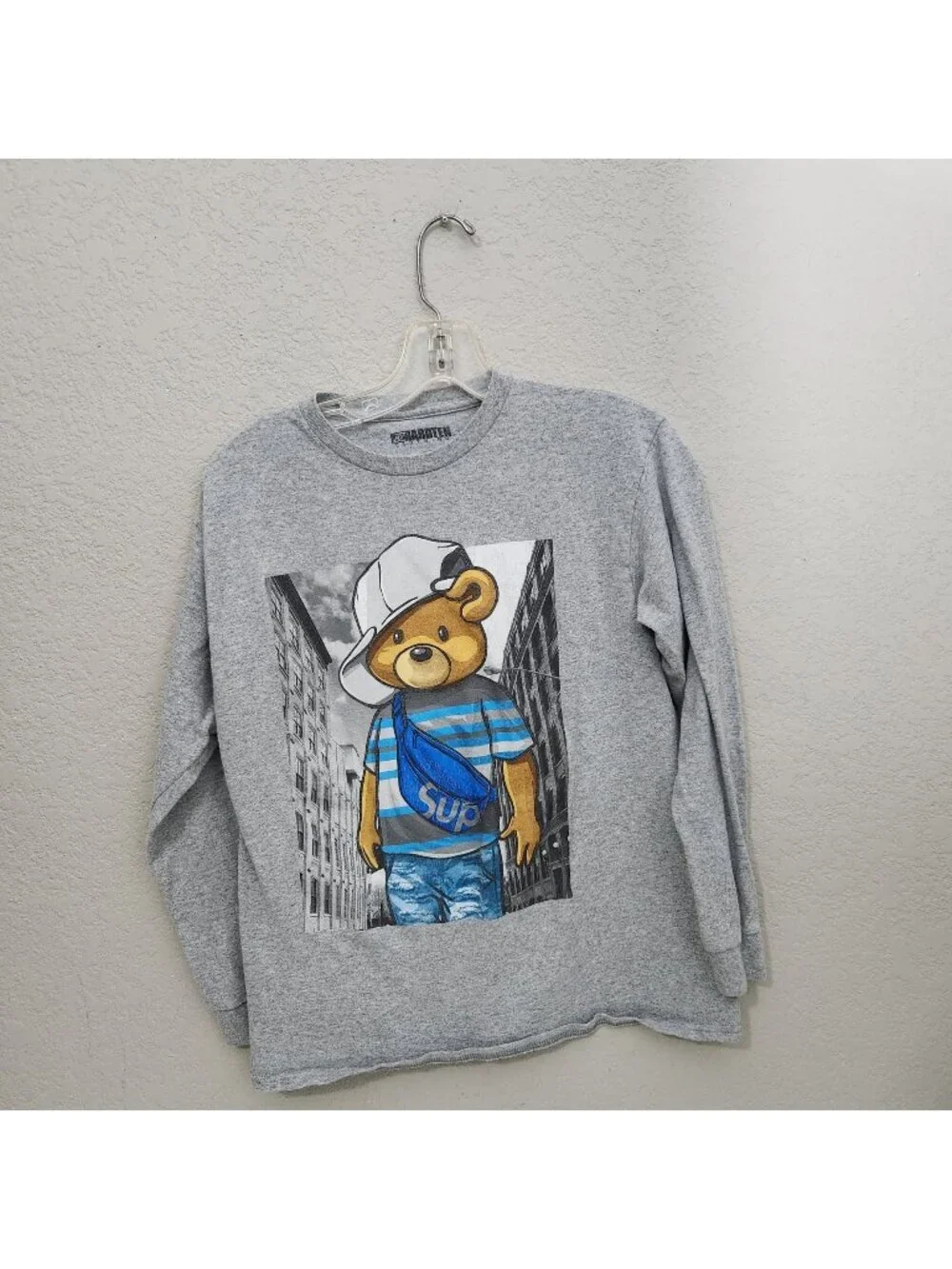Hardten Clothing Bear Graphic Long Sleeve Shirt Gray Size L Cotton Blend